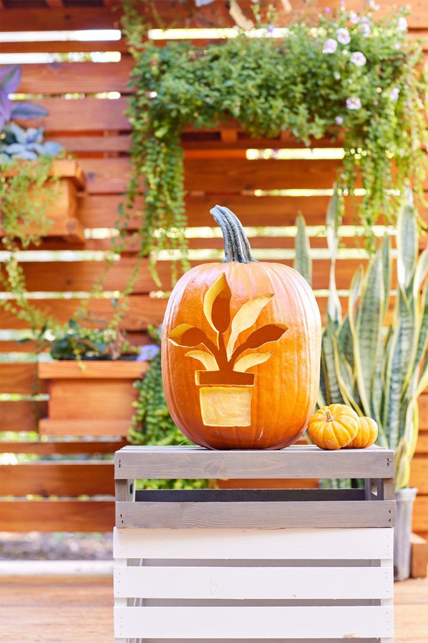 A pumpkin with a potted plant etched into it on a wooden crate. 