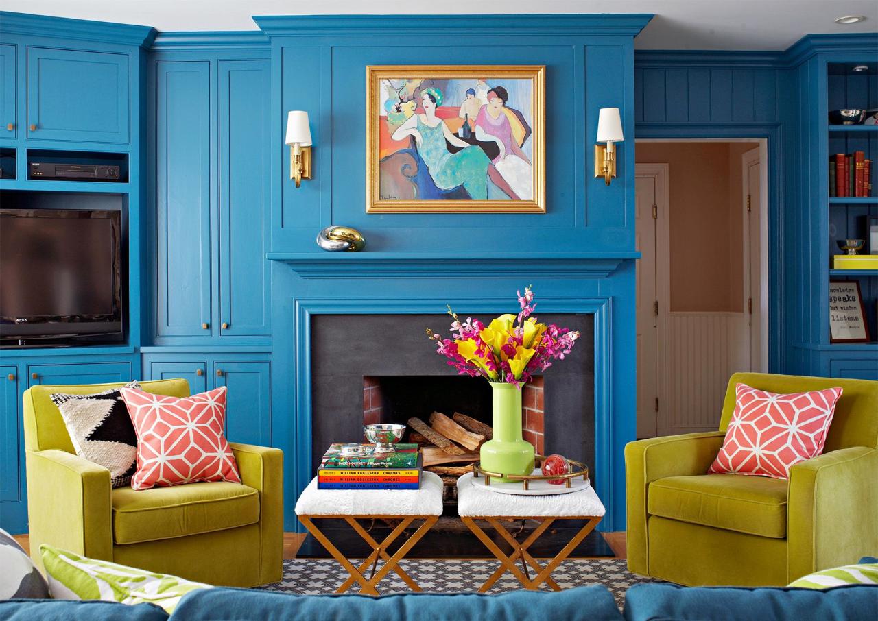 blue mantel and living room