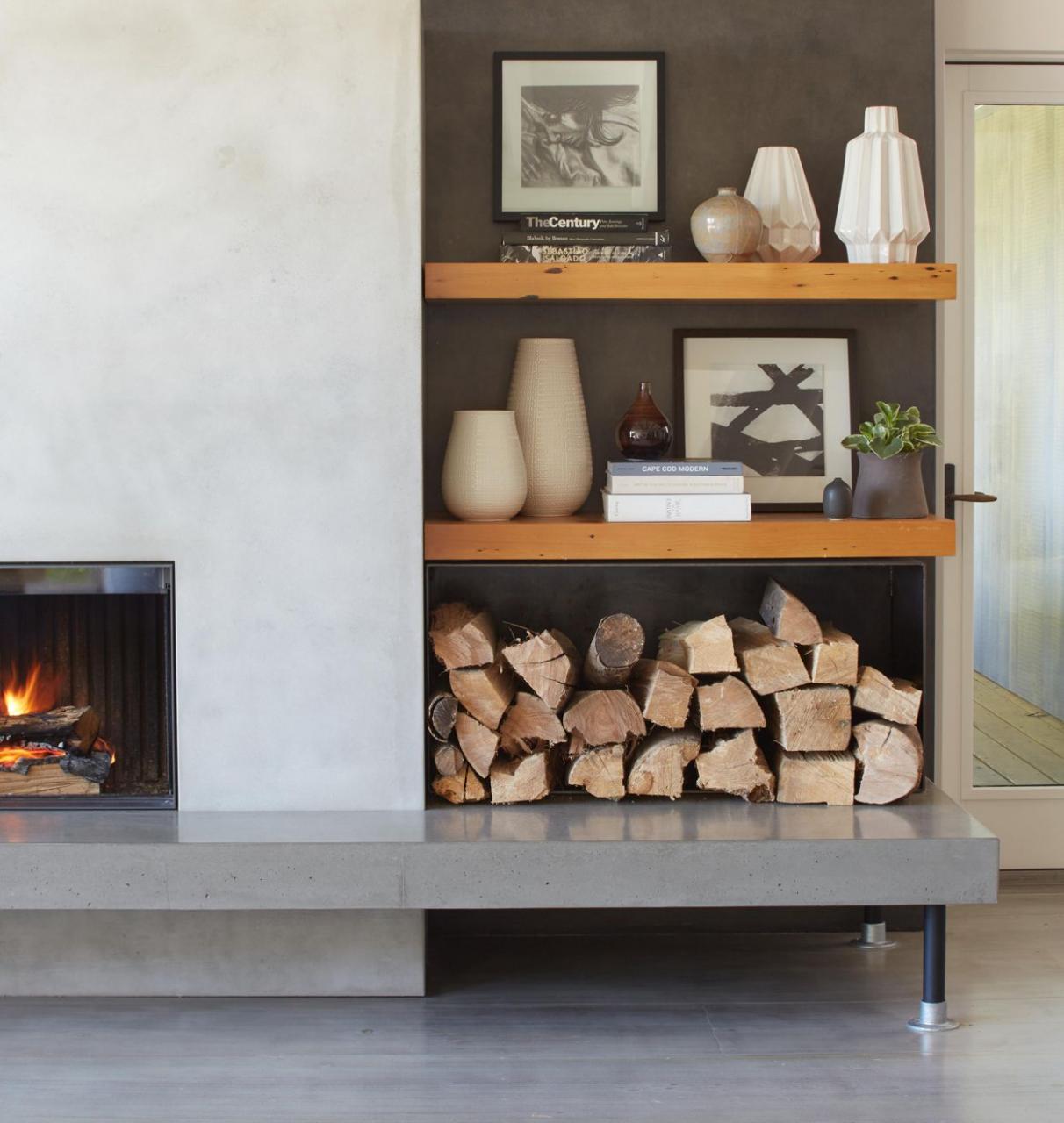 modern floating shelves by fireplace