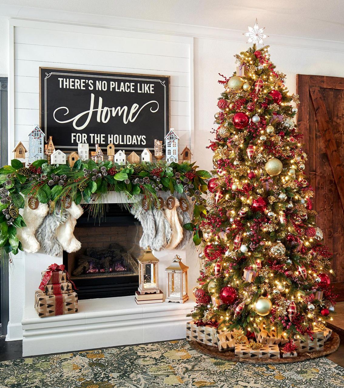 red gold holiday tree decorated fireplace