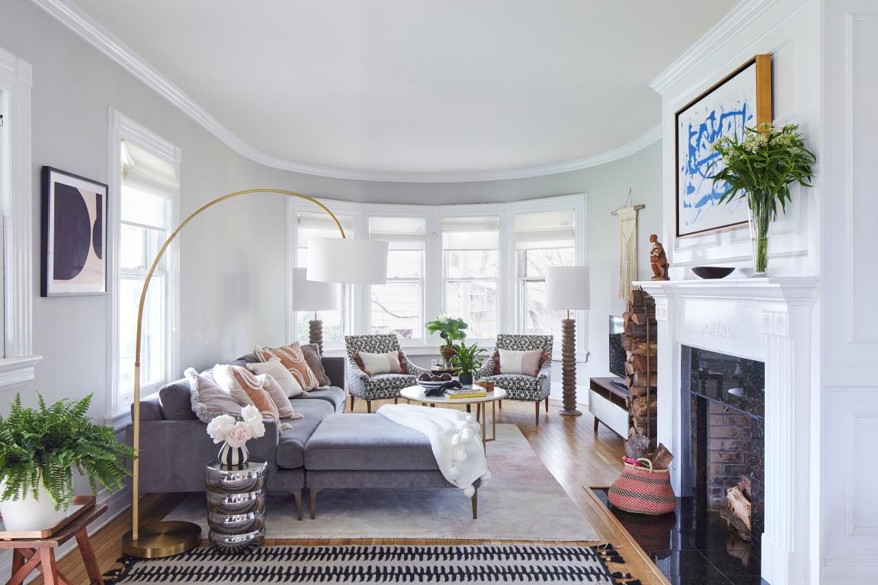 white living room with gray couch