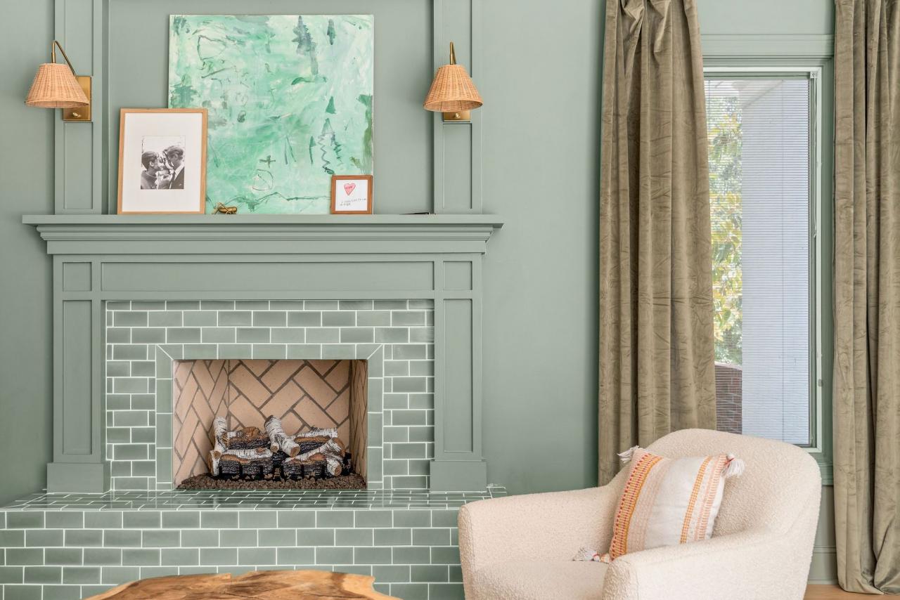 green living room with green tile fireplace surround