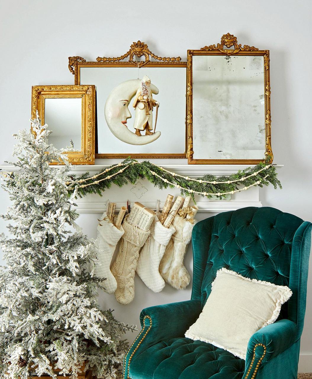 living room snow covered pine white stockings velvet green chair