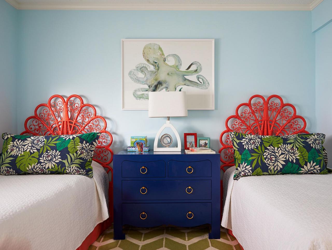 eccentric red and blue bedroom with octopus print
