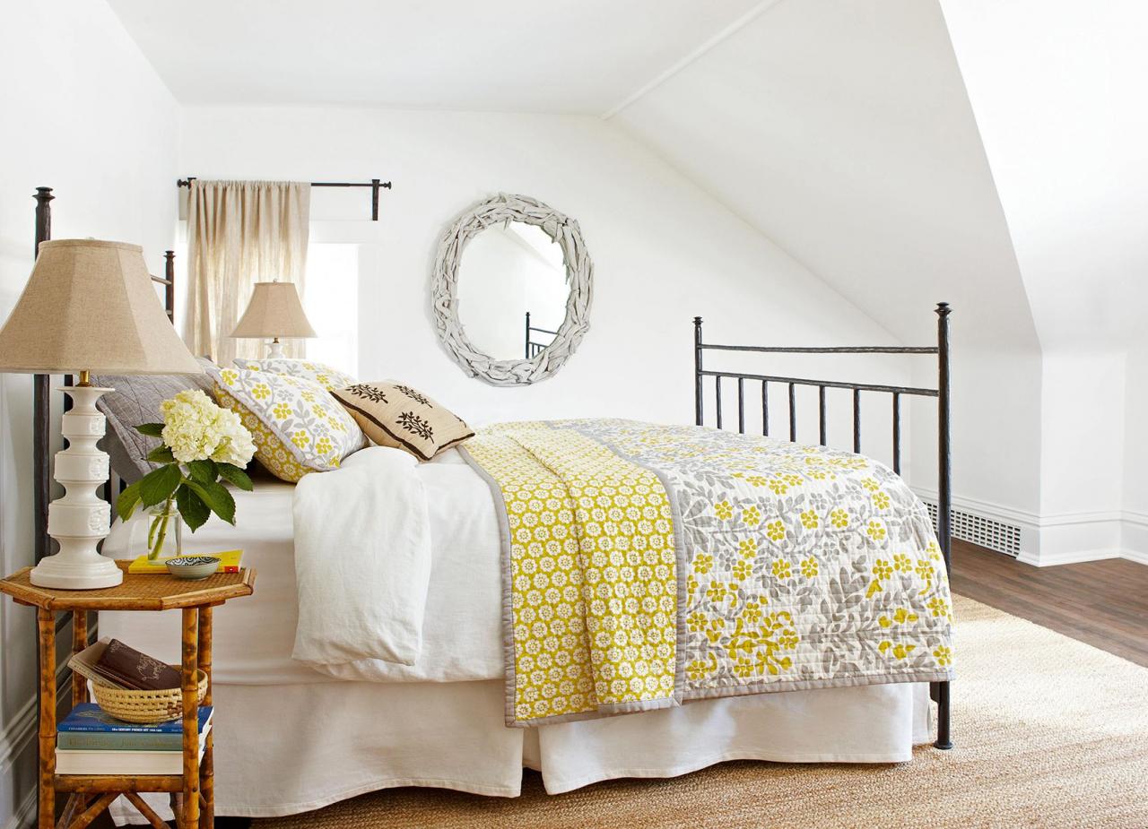 Linen White + Sunny Yellow + Dove Gray bright clean bedroom
