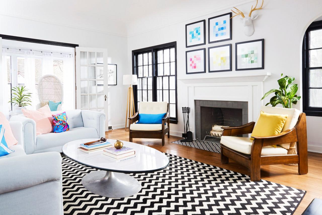 living room with black and white zigzag rug