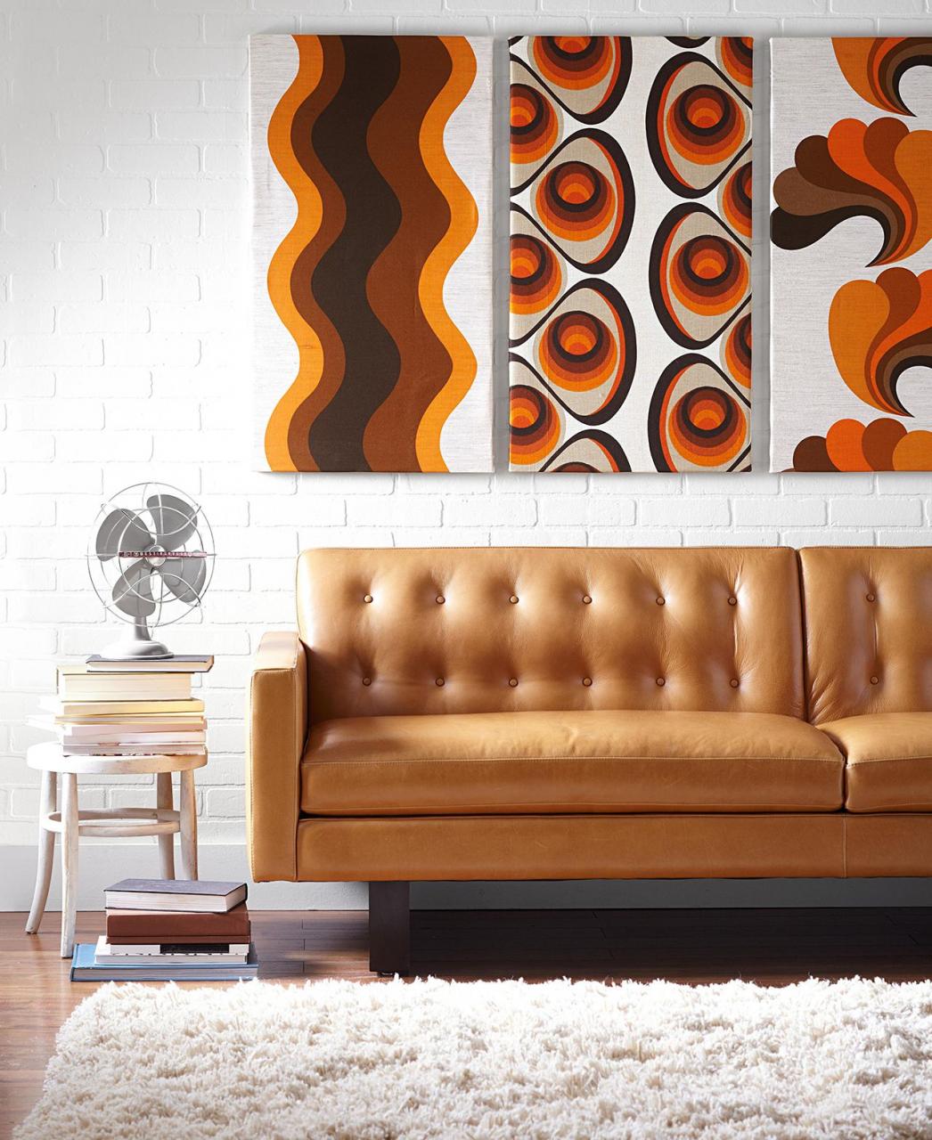 seventies-style print orange couch